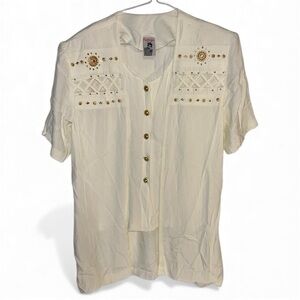 Vintage Fantazia Cream Blouse Button Down w/ Gold Details - Size Medium